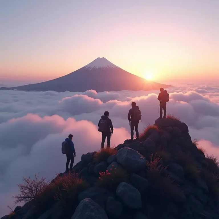 A hyperrealistic image capturing a serene dawn on Mount Fuji, where gentle golden sunlight bathes the mountain’s summit. Above a sea of low-lying clouds, silhouetted climbers pause in quiet awe, their faces reflecting peace and accomplishment. Delicate wildflowers root in volcanic soil beside rugged rocks, as swirling mists and a calming sky—shading from lavender to blue—frame sweeping vistas of the Japanese landscape.