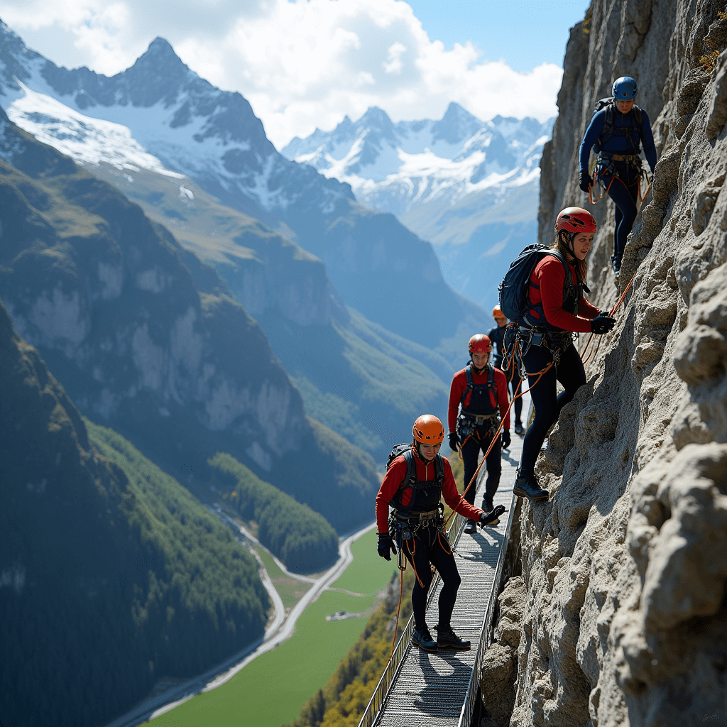 Climbers in safety gear ascend a cliffside via ferrata in the Swiss Alps with breathtaking valley views below.