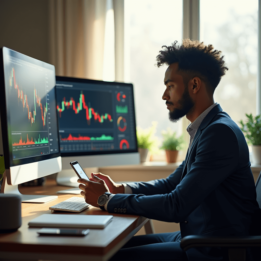 Person using AI-powered investment tools and financial dashboard at home office desk.