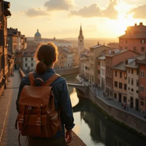 A photorealistic, professionally captured image of a solo backpacker viewed from behind, standing at a scenic vantage point during golden hour. The traveler is looking out over a historic European city, featuring sunlit old buildings, winding narrow streets, and an inviting cityscape bathed in warm golden hues. The composition captures the spirit of adventure and timeless charm characteristic of European travel.