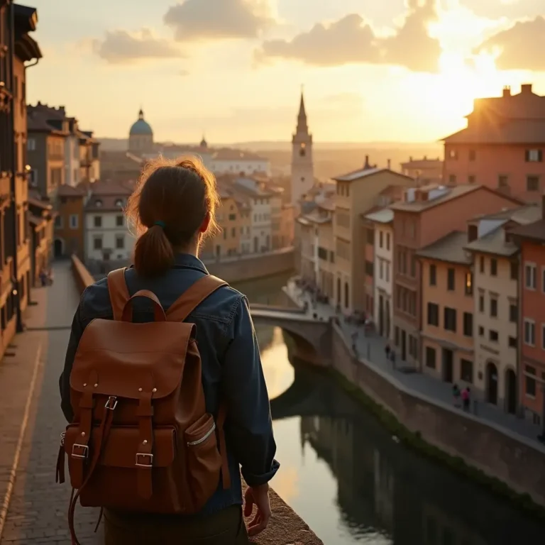 A photorealistic, professionally captured image of a solo backpacker viewed from behind, standing at a scenic vantage point during golden hour. The traveler is looking out over a historic European city, featuring sunlit old buildings, winding narrow streets, and an inviting cityscape bathed in warm golden hues. The composition captures the spirit of adventure and timeless charm characteristic of European travel.