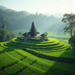 A photorealistic landscape photograph features a traditional Balinese temple gracefully nestled among vibrant green rice terraces in Ubud. Delicate morning mist rises around the scene, bathed in soft, gentle light, while no people are visible in the serene foreground. The image captures sharp details, emphasizing the tranquil beauty and spiritual ambiance of Bali’s countryside.
