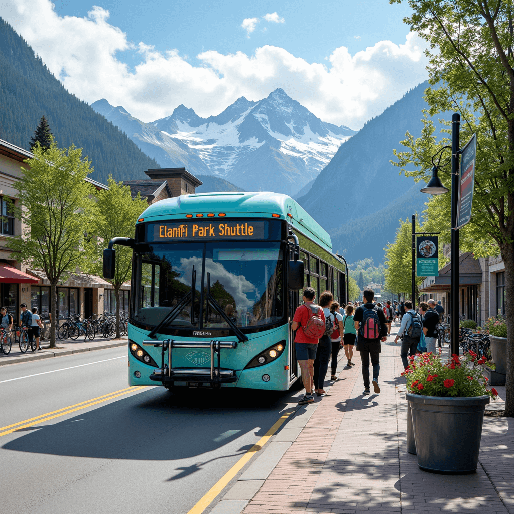 Tourists with hiking gear board an electric Banff shuttle bus, mountains visible in the background.