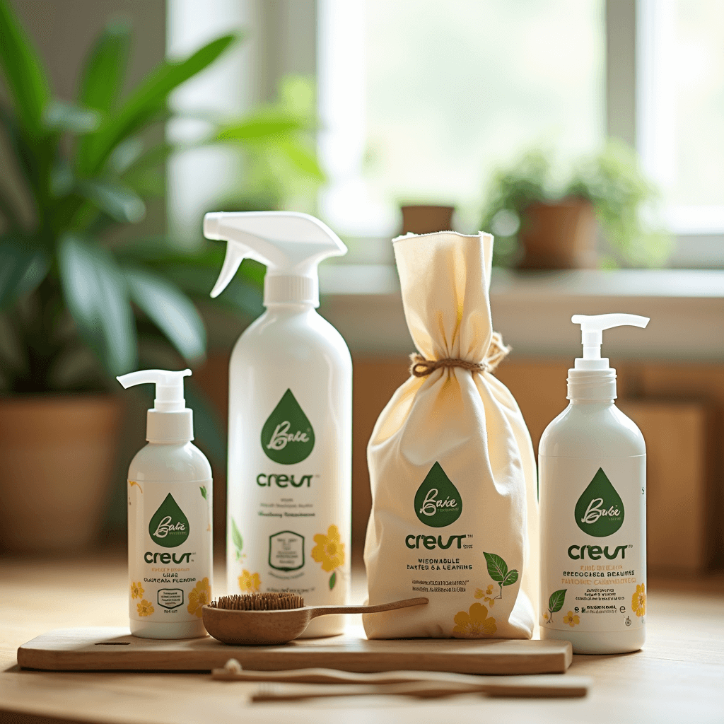 Certified sustainable products on a wooden countertop with eco-labels visible.