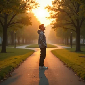 A hyperrealistic image depicting a young adult standing confidently at the center of diverging pathways in a tranquil park at sunrise. Bathed in golden light, one illuminated path stands out among gently shadowed routes, symbolizing clarity and bold decision-making. The subject's expression reflects a mix of relief and determination, capturing a poignant moment of courage and new beginnings.