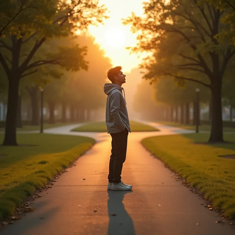 A hyperrealistic image depicting a young adult standing confidently at the center of diverging pathways in a tranquil park at sunrise. Bathed in golden light, one illuminated path stands out among gently shadowed routes, symbolizing clarity and bold decision-making. The subject's expression reflects a mix of relief and determination, capturing a poignant moment of courage and new beginnings.