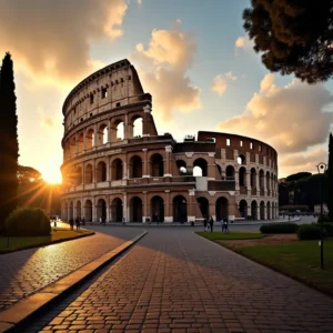 An ultra-realistic, wide-angle photograph captures the iconic Colosseum in Rome during golden hour. Warm sunlight casts dramatic shadows over the ancient stone arches, highlighting the detailed textures of the historic structure. A few silhouetted figures stroll nearby, set against a glowing Roman sky. Shot with a high-resolution DSLR, the image features sharp focus, shallow depth of field, natural lens flares, and an authentic, unedited RAW aesthetic, epitomizing cinematic travel photography.