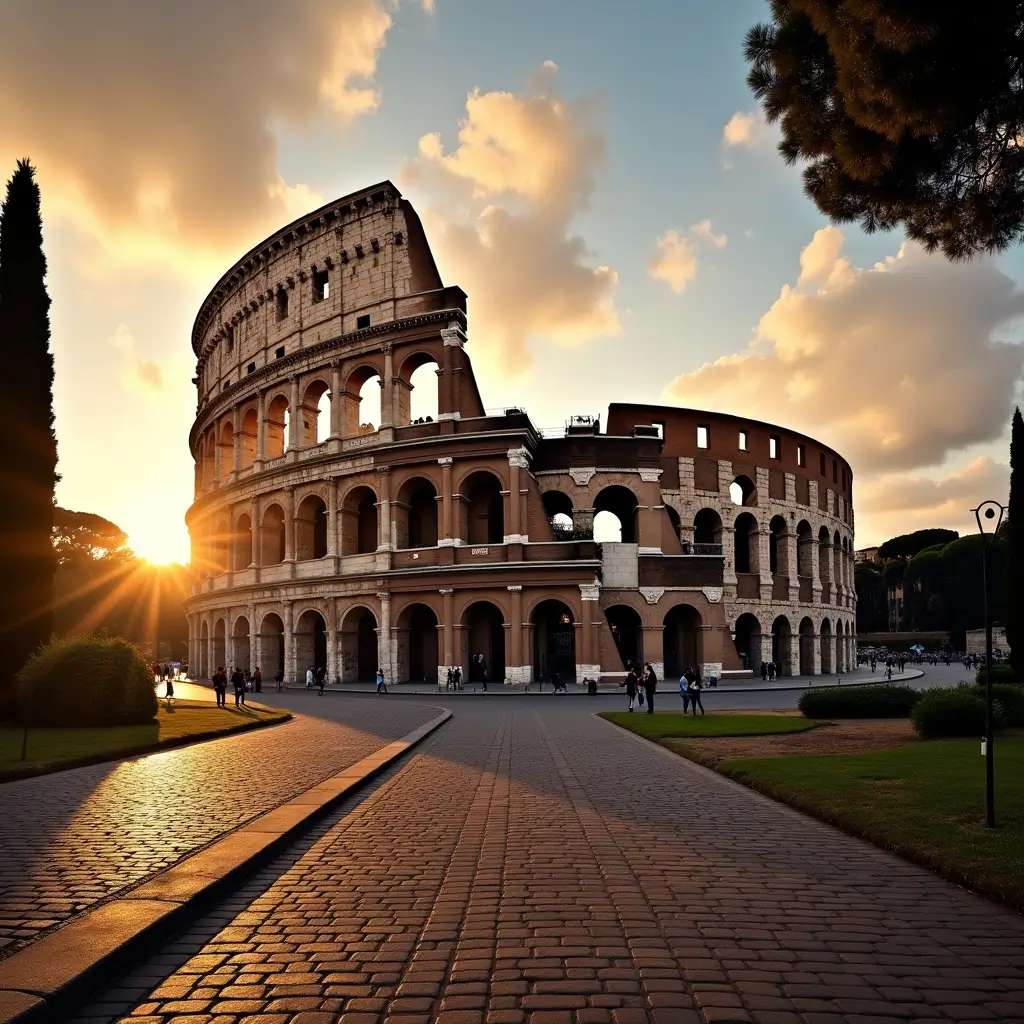 An ultra-realistic, wide-angle photograph captures the iconic Colosseum in Rome during golden hour. Warm sunlight casts dramatic shadows over the ancient stone arches, highlighting the detailed textures of the historic structure. A few silhouetted figures stroll nearby, set against a glowing Roman sky. Shot with a high-resolution DSLR, the image features sharp focus, shallow depth of field, natural lens flares, and an authentic, unedited RAW aesthetic, epitomizing cinematic travel photography.