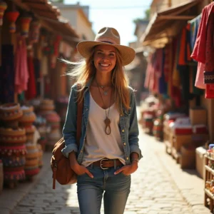 A photorealistic scene depicts a confident female traveler strolling through a lively market street in Oaxaca, Mexico. The atmosphere is rich with colorful local crafts and traditional textiles under warm daylight, capturing the authentic vibrancy and cultural spirit of the setting.