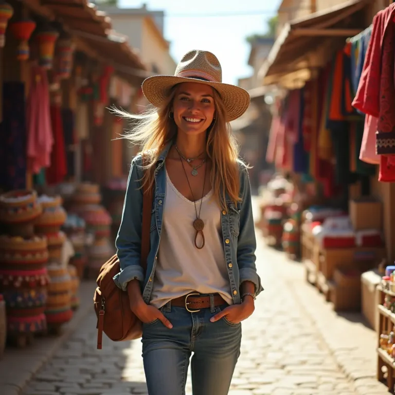A photorealistic scene depicts a confident female traveler strolling through a lively market street in Oaxaca, Mexico. The atmosphere is rich with colorful local crafts and traditional textiles under warm daylight, capturing the authentic vibrancy and cultural spirit of the setting.