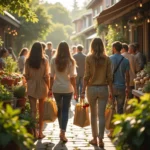 A hyperrealistic photo depicting a group of young, diverse shoppers at a bright, airy local market. Surrounded by lush greenery and bathed in warm, golden sunlight, they carry reusable bags brimming with fresh produce, eco-friendly packaging, and handcrafted items. The scene radiates joy, mindfulness, and a strong sense of community focused on sustainable, intentional living.