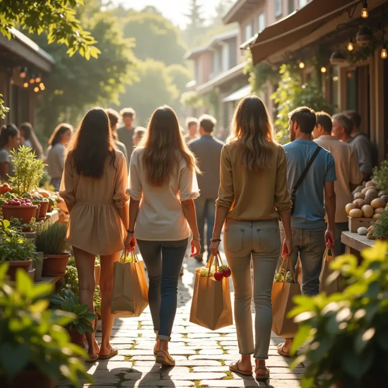 A hyperrealistic photo depicting a group of young, diverse shoppers at a bright, airy local market. Surrounded by lush greenery and bathed in warm, golden sunlight, they carry reusable bags brimming with fresh produce, eco-friendly packaging, and handcrafted items. The scene radiates joy, mindfulness, and a strong sense of community focused on sustainable, intentional living.