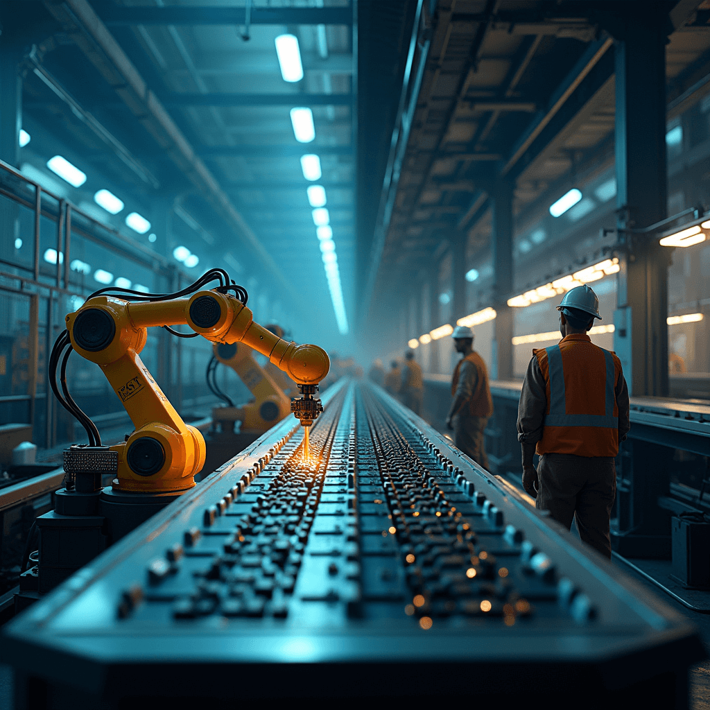 Split image showing advanced chip manufacturing with AI and struggling traditional factory.