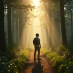 A hyperrealistic image shows a young adult standing at a fork in a misty forest path during sunrise. Warm golden light filters through tall trees onto the dew-covered ground, while the person gazes thoughtfully at the diverging paths, embodying a moment of introspection and choice. The scene features soft greens and browns with radiant beams of light, evoking hope, awakening, and the promise of new possibilities.