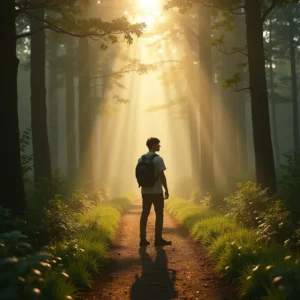 A hyperrealistic image shows a young adult standing at a fork in a misty forest path during sunrise. Warm golden light filters through tall trees onto the dew-covered ground, while the person gazes thoughtfully at the diverging paths, embodying a moment of introspection and choice. The scene features soft greens and browns with radiant beams of light, evoking hope, awakening, and the promise of new possibilities.