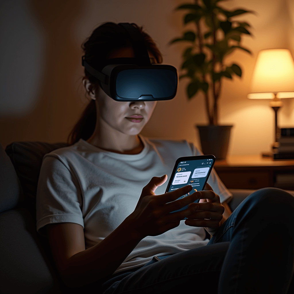 Young adult sits in a living room using a habit app and VR headset for self-discipline training.