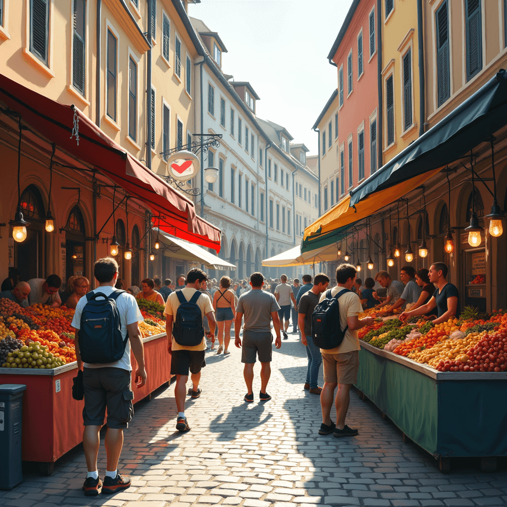 Young travelers walking through a lively open-air market in an Eastern European city.
