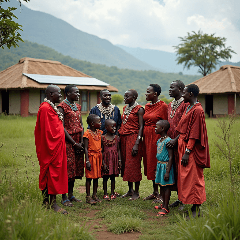Tourists meeting Maasai hosts at a solar-powered eco-lodge in Maasai Mara.