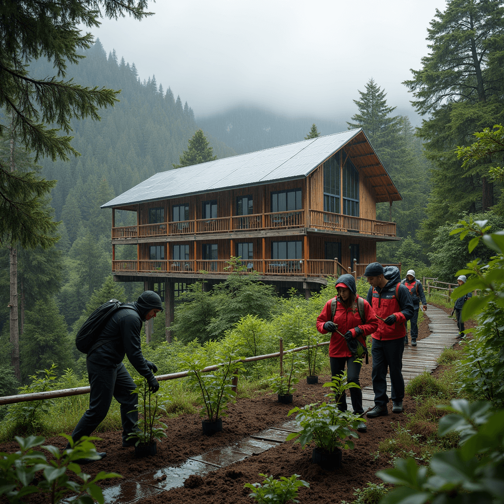 People plant trees outside a solar-powered eco-lodge amid Patagonian forest.