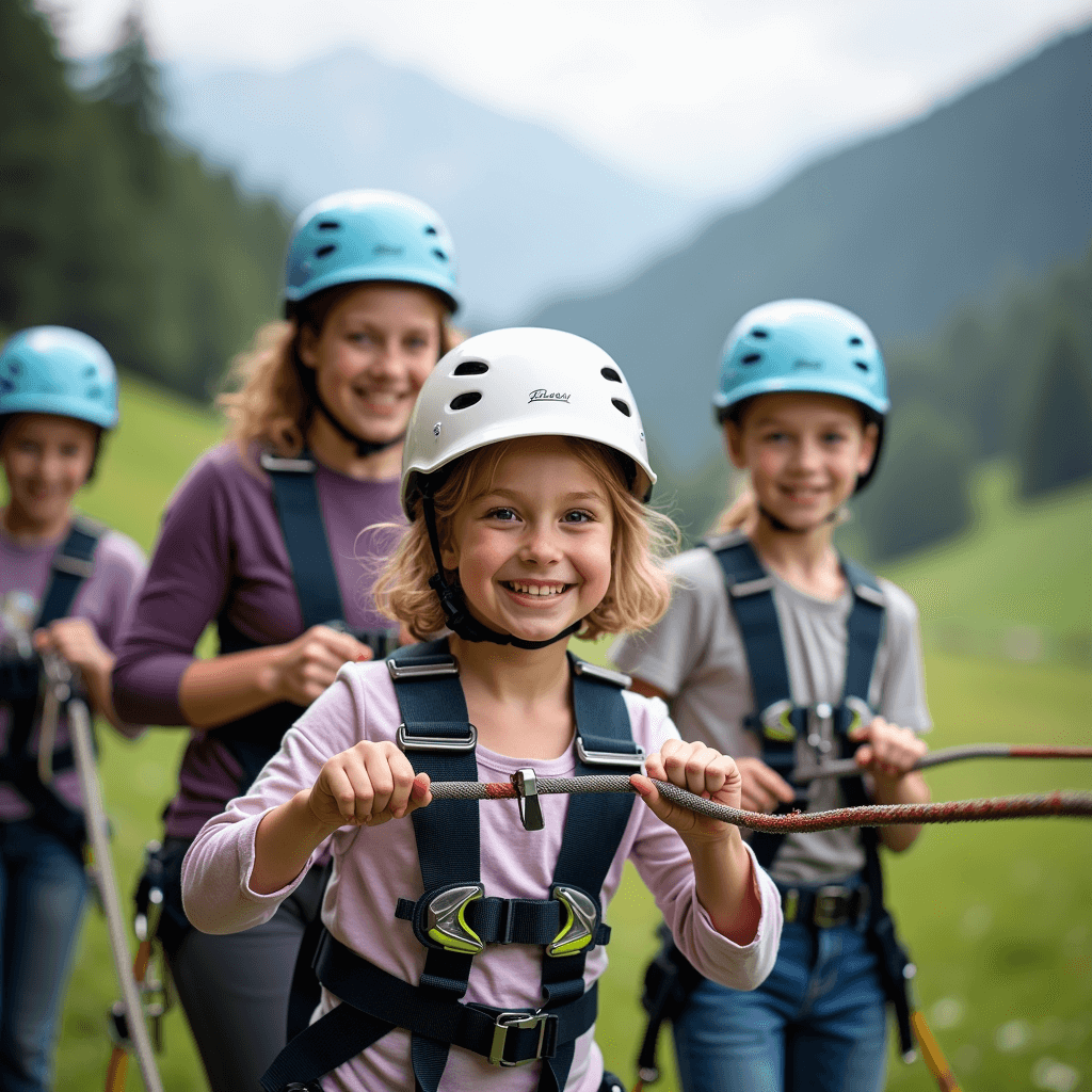 A family and guide enjoy a safe, easy via ferrata route in the Swiss Alps amid green meadows.