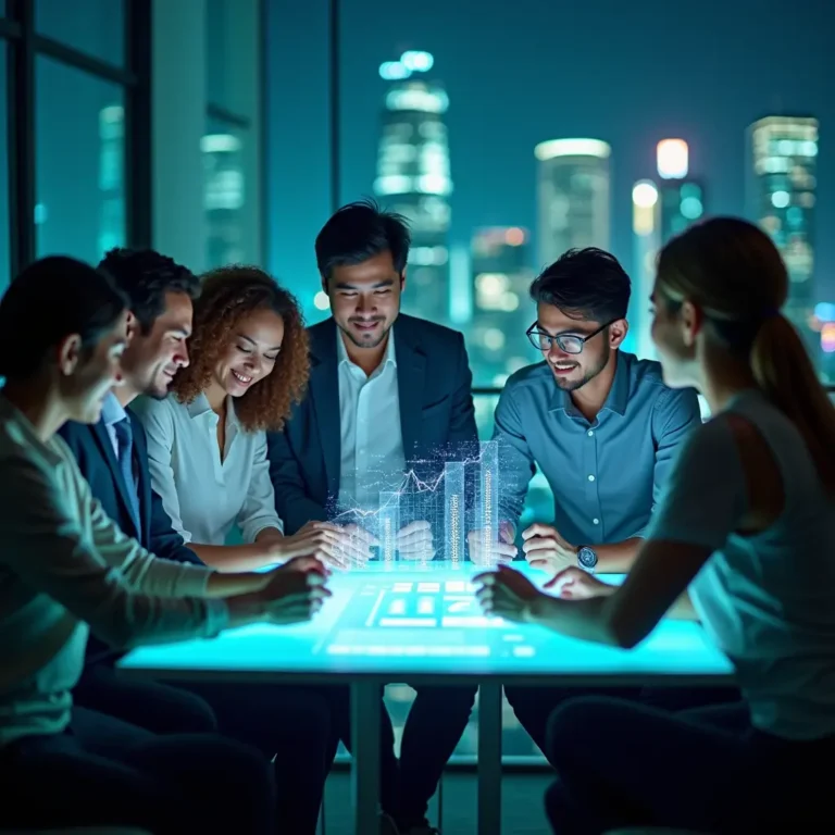 This hyperrealistic photo features a dynamic and diverse group of young professionals engaged around a state-of-the-art digital workspace. Above their tablets and laptops hover luminous financial graphs and interactive holographic investment charts, highlighting real-time data analysis. Set against a backdrop of a bright, modern city skyline, the image exudes an atmosphere of optimism, focus, and innovation. Cool blue and green lighting accents emphasize technological advancement and the bright future of personal finance.