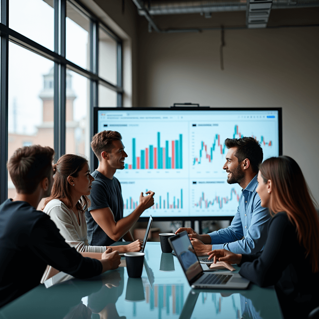 Diverse young investors collaborate on digital investment strategies in a bright office setting.