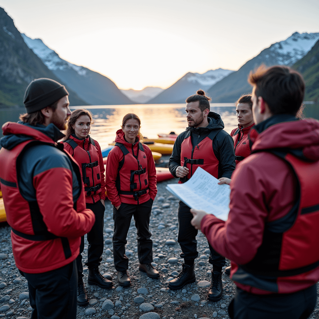 Group of kayakers listening to a guide and preparing gear on a Norwegian fjord shore.