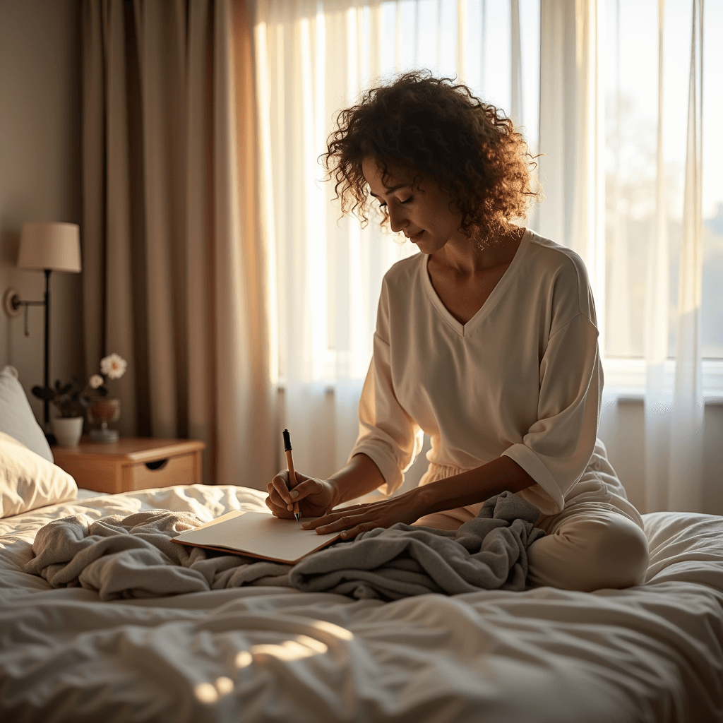 Individual performs a series of morning habits, like making a bed and journaling, in soft natural light.