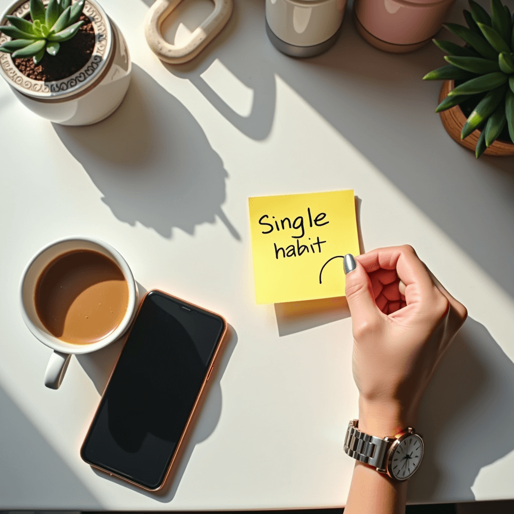 Hand setting a note with a goal beside coffee cup, visualizing easy habit stacking.
