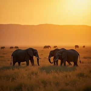 A stunning, photorealistic wide shot capturing a herd of elephants peacefully grazing on the expansive grasslands of Kenya’s Maasai Mara at sunrise. The scene is bathed in golden light, with rich natural colors, sharp cinematic detail, and a serene, majestic atmosphere. The image exudes the tranquility and beauty of African wildlife at dawn, seen through the lens of professional wildlife photography.