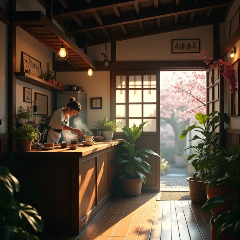 A hyperrealistic image capturing a secluded Kyoto cafe nestled between traditional wooden machiya houses. Morning sunlight streams through delicate paper windows as a skilled barista crafts pour-over coffee at a rustic counter. Steam rises from handcrafted pottery cups surrounded by lush indoor plants and vintage decor. Soft interplays of light and shadow animate textured walls, and a subtle bokeh of cherry blossoms glows through an open doorway, evoking peaceful early morning ambiance.