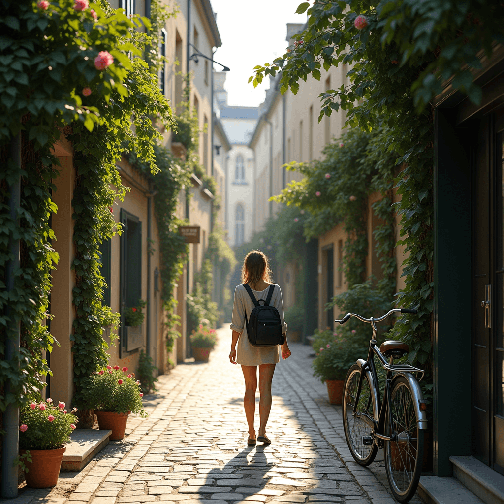 A woman walking on a quiet, ivy-covered cobblestone street in Paris on a sunny morning.
