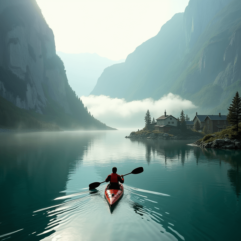 Kayaker paddling through calm fjord waters surrounded by steep cliffs and early morning mist.