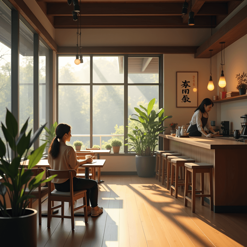 A woman journaling alone in a sunlit Kyoto café with minimalist wooden decor.