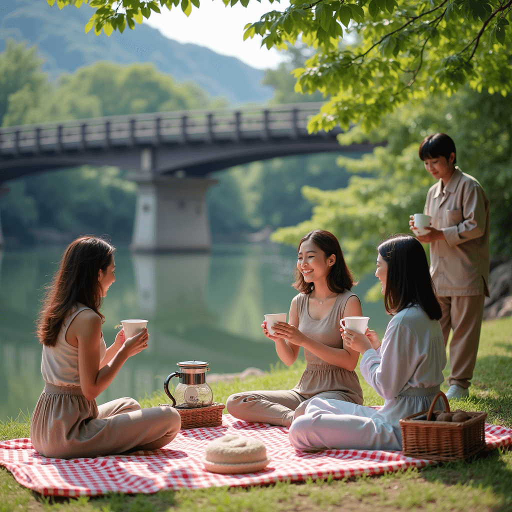 Women share coffee on a picnic blanket by Kyoto's river with vintage cups and greenery.