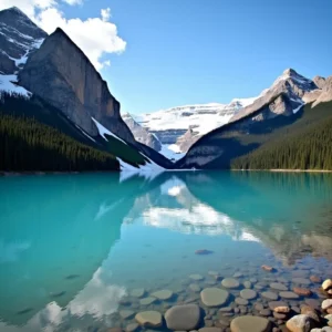 A photorealistic, wide-angle landscape capturing the vivid turquoise waters of Lake Louise in Banff National Park. The crystal-clear lake mirrors the surrounding snow-capped mountains beneath a bright, blue sky. Shot in sharp focus with vibrant, true-to-life colors, this professional photo highlights the stunning natural beauty and tranquility of the iconic Canadian Rockies.