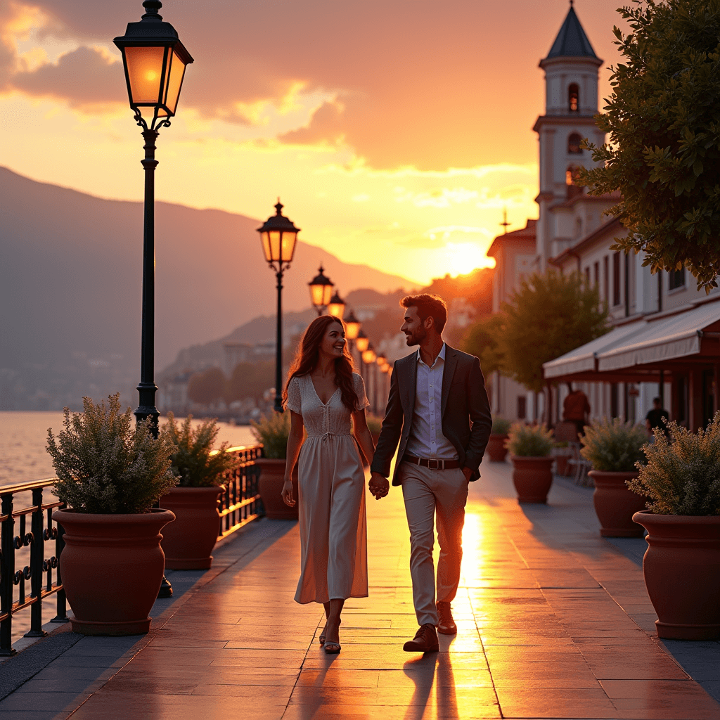 Couple walking on Limone's lakeside promenade at sunset, surrounded by lemon trees and historic buildings.