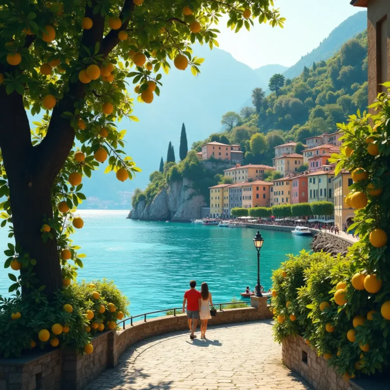 A hyperrealistic, flux-style photograph of Limone sul Garda on Lake Garda, capturing lush lemon groves cascading down hillsides, vibrant clustered houses along the shimmering turquoise shoreline, and a sunlit promenade in the foreground where a couple strolls leisurely. The intricate details of the lemon trees, gentle water ripples, and the warm, inviting atmosphere of late afternoon are showcased in exquisite detail.