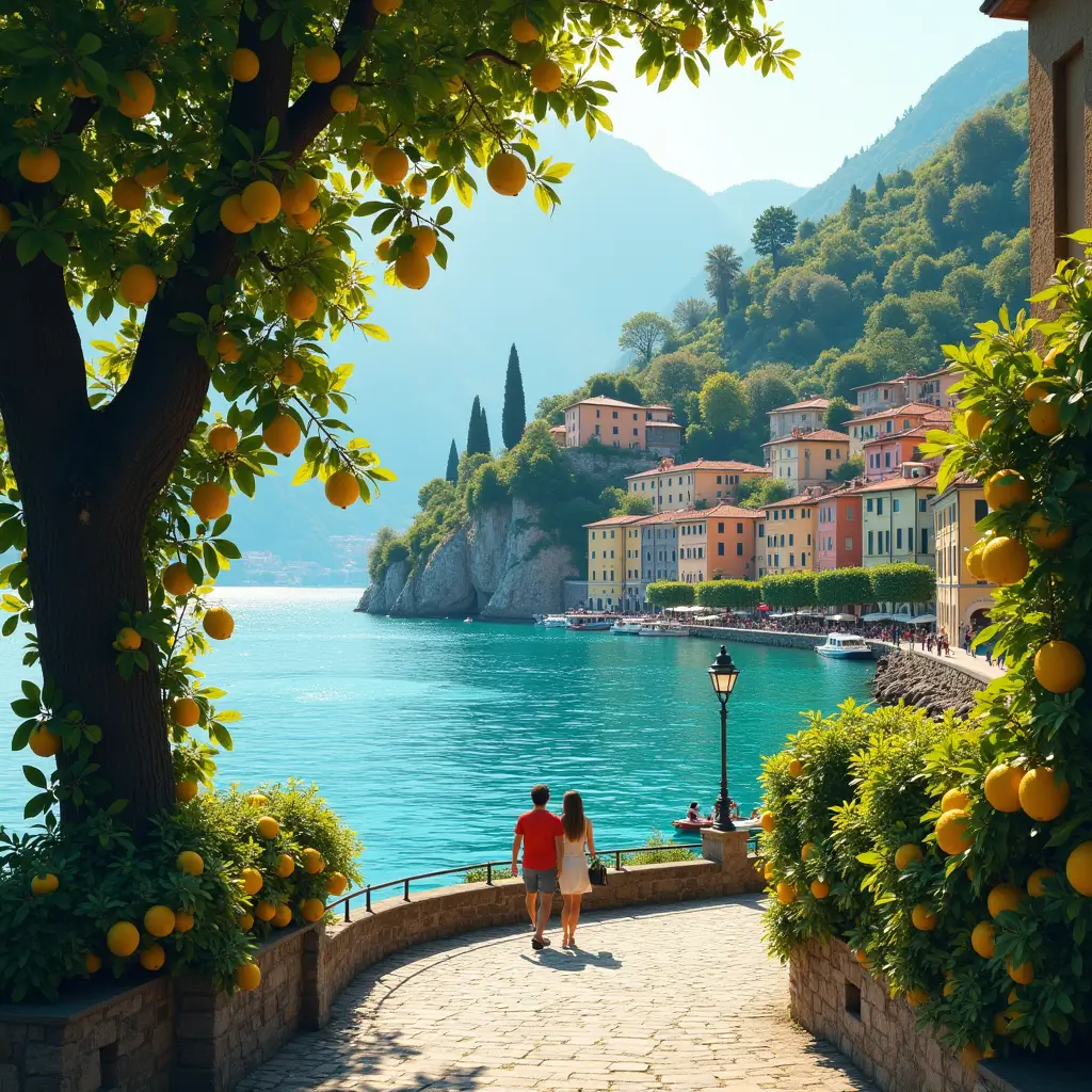 A hyperrealistic, flux-style photograph of Limone sul Garda on Lake Garda, capturing lush lemon groves cascading down hillsides, vibrant clustered houses along the shimmering turquoise shoreline, and a sunlit promenade in the foreground where a couple strolls leisurely. The intricate details of the lemon trees, gentle water ripples, and the warm, inviting atmosphere of late afternoon are showcased in exquisite detail.