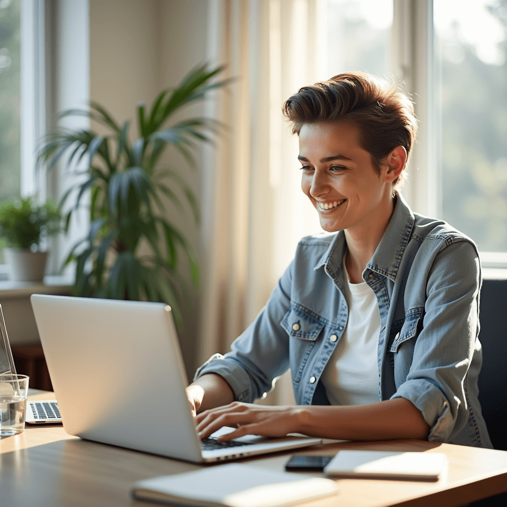 Professional sending a LinkedIn message in a bright office to show networking micro habit success.