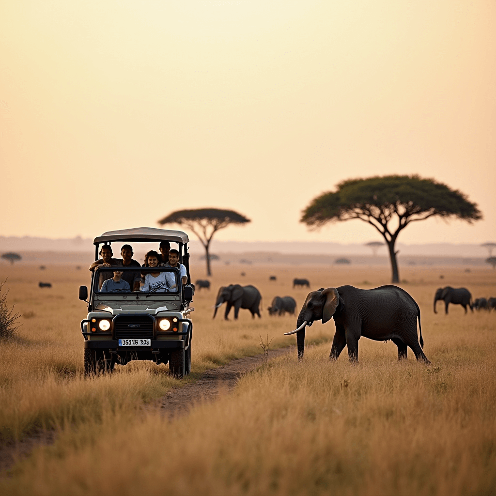 Safari vehicle with tourists and guide observing elephants and wildebeest at sunrise in Maasai Mara.