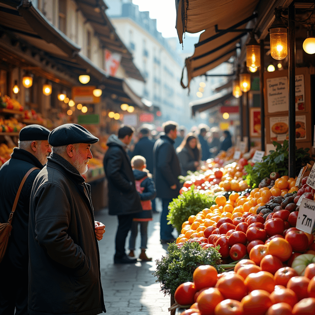 Paris locals shopping for fresh produce at a vibrant market with natural sunlight.