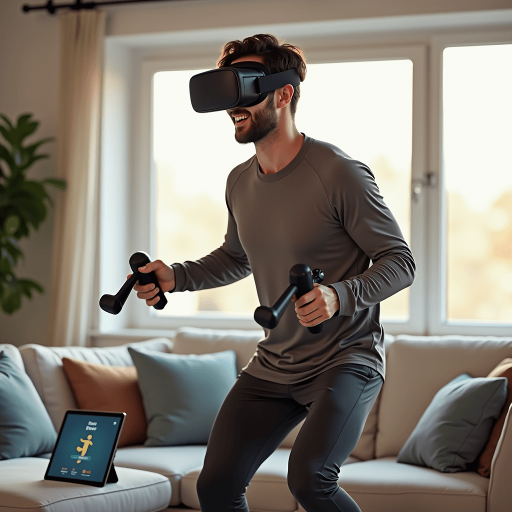 Young man wearing a VR headset exercises in a living room during a virtual workout.