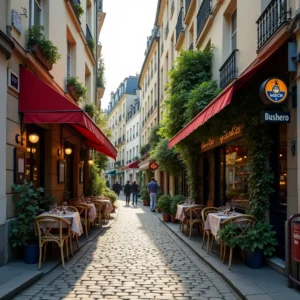 Photorealistic street photograph of a peaceful cobblestone alleyway in Montmartre, Paris, featuring ivy-draped walls, a cozy local bistro, and bathed in soft morning light. A few early risers add to the tranquil, inviting atmosphere of this quintessential Parisian scene.