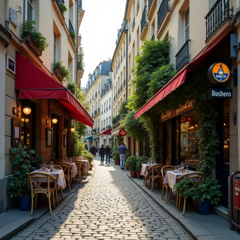 Photorealistic street photograph of a peaceful cobblestone alleyway in Montmartre, Paris, featuring ivy-draped walls, a cozy local bistro, and bathed in soft morning light. A few early risers add to the tranquil, inviting atmosphere of this quintessential Parisian scene.