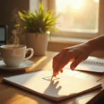 A hyperrealistic early morning scene featuring a sun-drenched desk where a hand marks off a daily habit on a minimal checklist. Steam rises from a nearby coffee cup while a small potted plant and soft golden sunlight through the window evoke hope, new beginnings, and the quiet power of everyday routines.