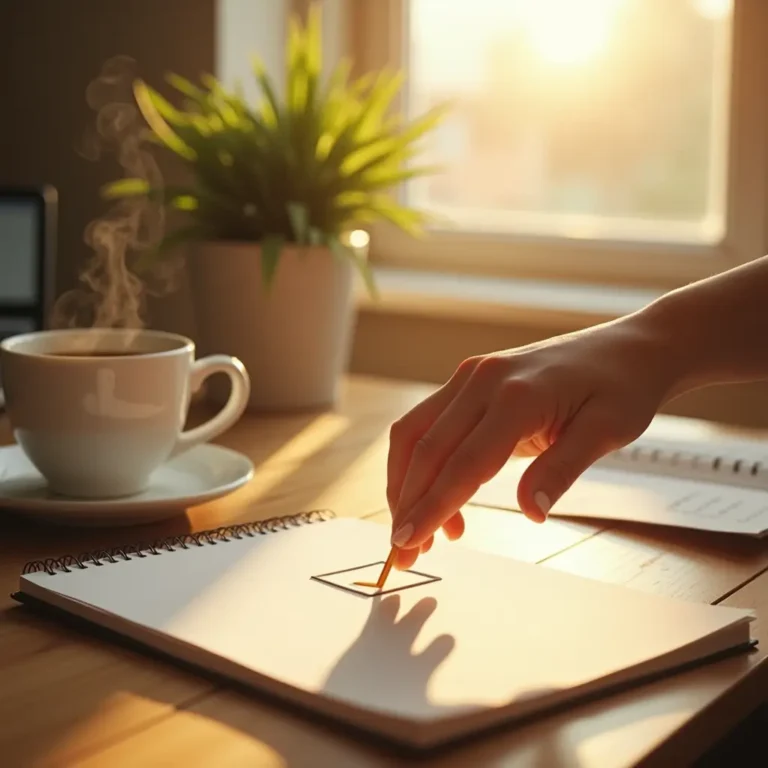 A hyperrealistic early morning scene featuring a sun-drenched desk where a hand marks off a daily habit on a minimal checklist. Steam rises from a nearby coffee cup while a small potted plant and soft golden sunlight through the window evoke hope, new beginnings, and the quiet power of everyday routines.