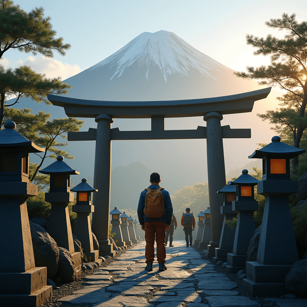 Climber bows at a shrine gate near Mount Fuji at sunrise, preparing for a spiritual journey.