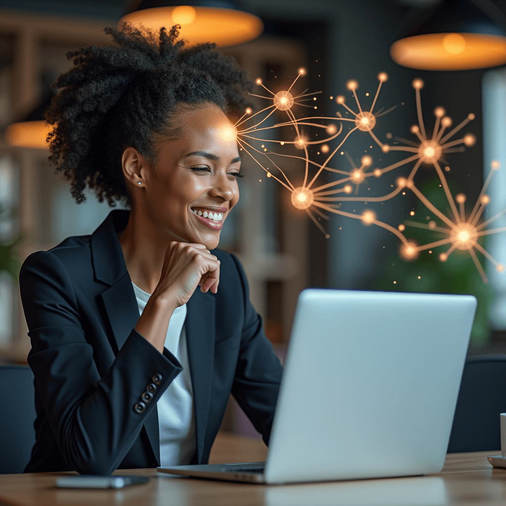 Businessperson in office with glowing lines on head to represent brain changes from micro habits.