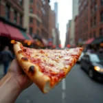 A photorealistic close-up captures a gooey, cheese-laden New York-style pizza slice with a perfectly crisp crust, held up against the lively blur of a busy New York City street in natural daylight, highlighting both the delicious details of the pizza and the urban vibrance in the background.